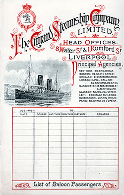 Front Cover of a Saloon Passenger List for the RMS Lucania of the Cunard Line, Departing Saturday, 8 September 1900 from Liverpool to New York.