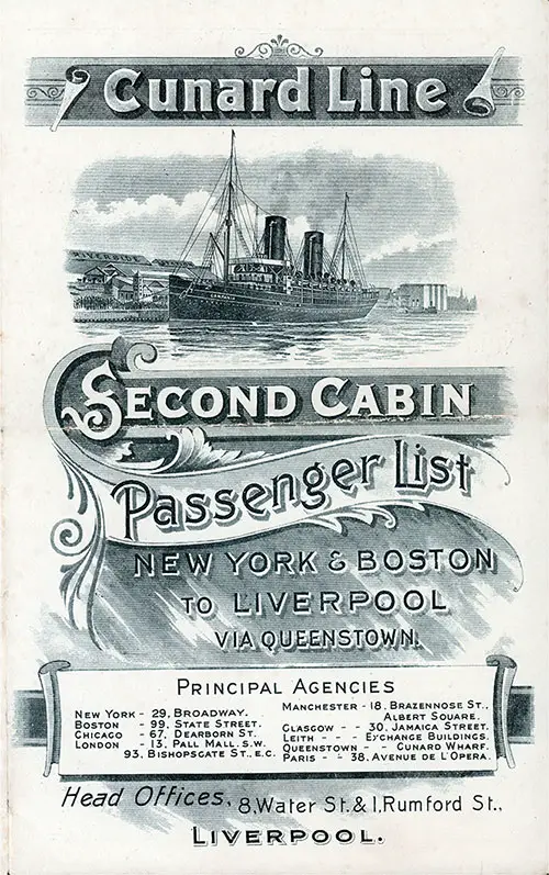 Front Cover of a Second Cabin Passenger List from the SS Lucania of the Cunard Line, Departing Saturday, 22 September 1900 from New York and Boston for Liverpool via Queenstown (Cobh).