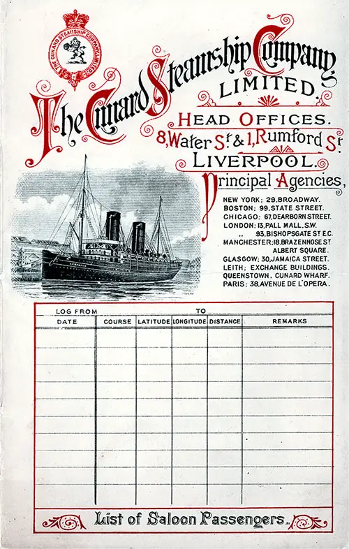 Front Cover of a Saloon Passenger List from the RMS Lucania of the Cunard Line, Departing 20 April 1901 from Liverpool to New York