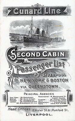 1902 Passenger Manifest for the Cover - Cunard Line Lucania