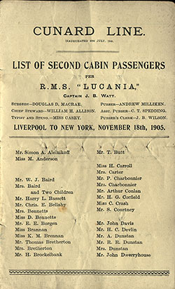 Passenger Manifest, Cunard Line RMS Lucania, 1905, Liverpool to New York 