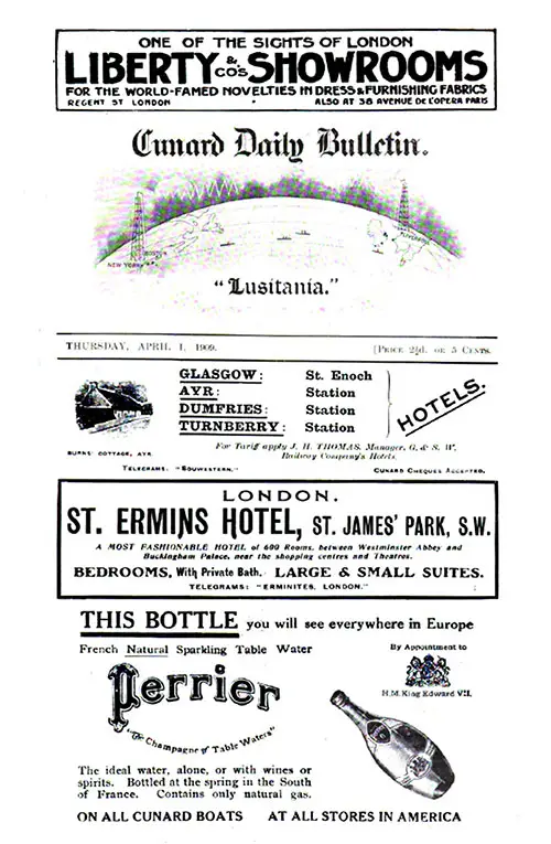 Front Cover, Cunard Daily Bulletin, Lusitania Edition, 1 April 1909.