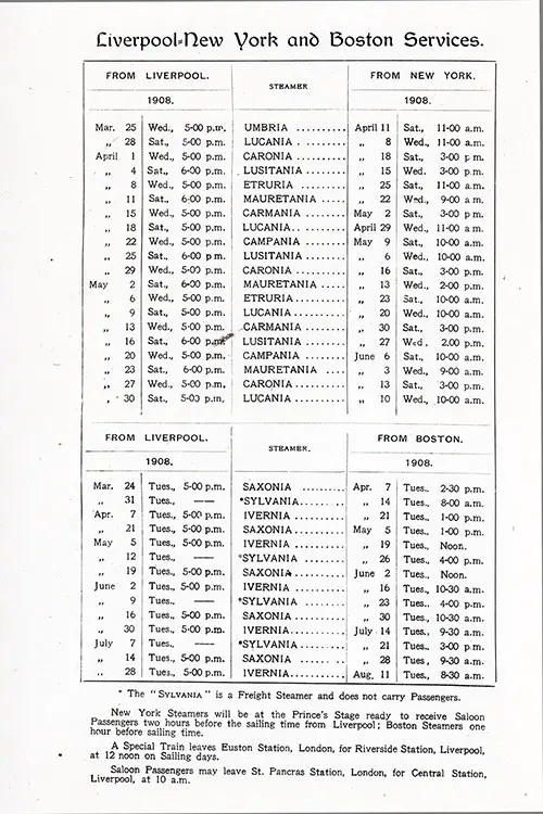 Sailing Schedule, Liverpool-New York and Boston Services, from 25 March 1908 to 11 August 1908.