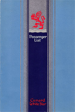 Front Cover of a First Class Passenger List from the RMS Mauretania of the Cunard Line, Departing 14 October 1947 from Southampton to New York Via Cherbourg
