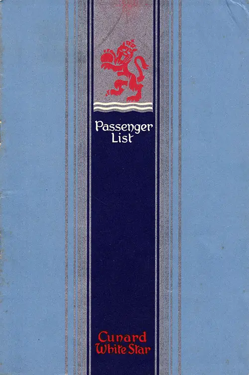 Front Cover of a First Class Passenger List from the RMS Mauretania of the Cunard Line, Departing 7 September 1948 from Southampton to New York Via Cherbourg