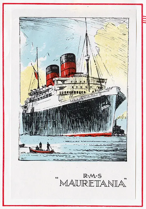 Painting of the RMS Mauretania included in Cunard Line RMS Mauretania First Class Passenger List for 7 September 1948.
