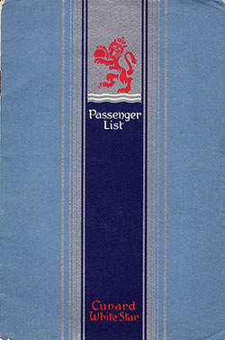 Front Cover of a First Class Passenger List from the RMS Mauretania of the Cunard Line, Departing 26 April 1949 from Southampton to New York Via Le Havre and Cobh