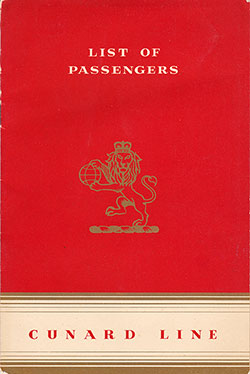 Front Cover of a First Class Passenger List from the RMS Mauretania of the Cunard Line, Departing 4 August 1953 from Southampton to New York Via Le Havre and Cobh