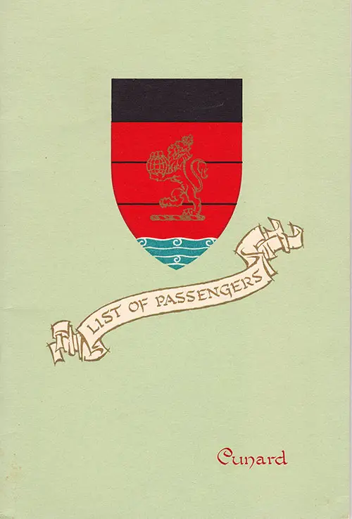 Front Cover of a Cabin Class Passenger List from the RMS Mauretania of the Cunard Line, Departing 27 May 1954 from New York to Southampton Via Cobh and Le Havre