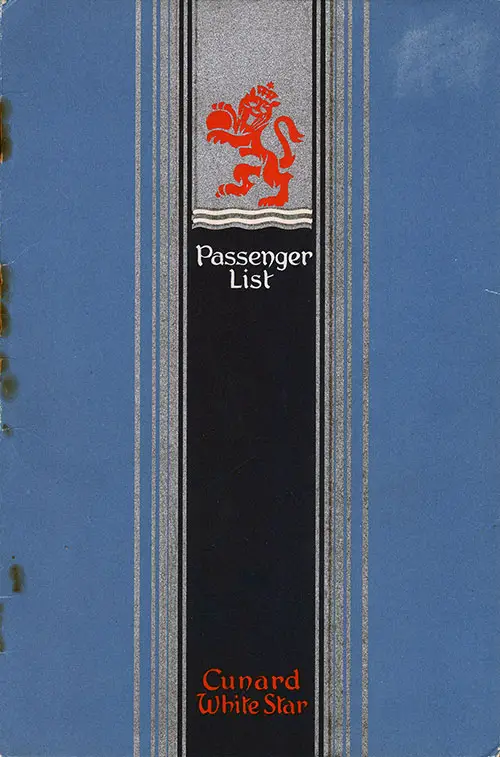 Front Cover, Cunard Line RMS Media First Class Passenger List - 25 September 1947.
