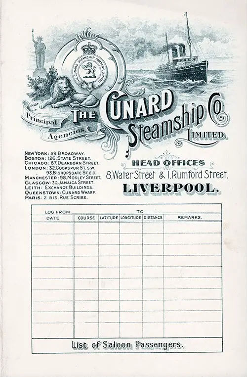 Front Cover of a Saloon Passenger List for the RMS Pannonia of the Cunard Line, Departing Saturday, 19 August 1905 from Trieste to New York via Fiume, Palermo, and Naples.