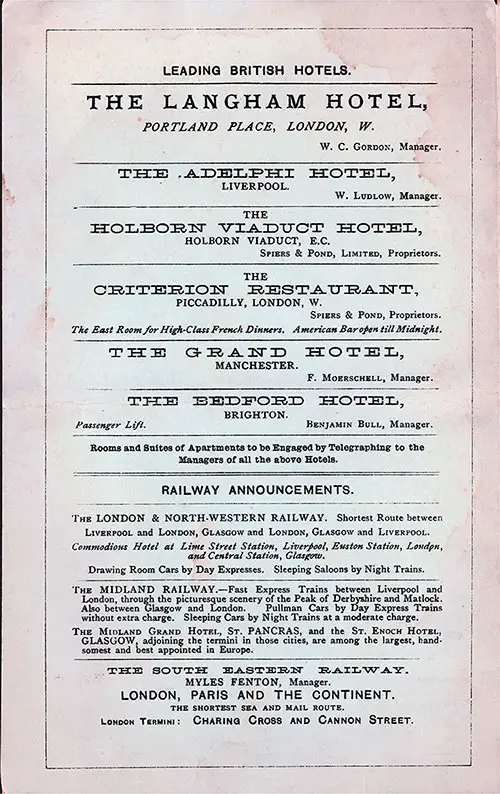 Leading British Hotels & Railway Announcements, 1887.