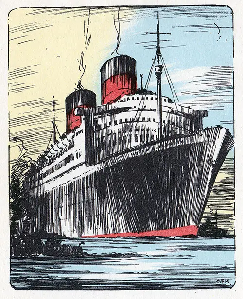 Painting of the Queen Elizabeth, Cunard Line RMS Queen Elizabeth Tourist Class Passenger List - 24 June 1948.