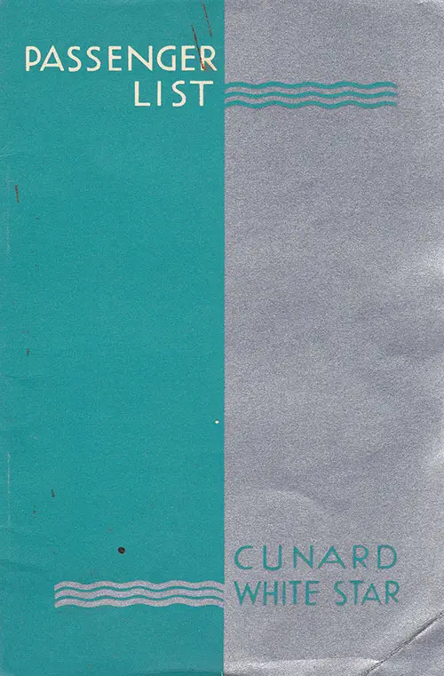 Front Cover of a Tourist Class Passenger List from the RMS Queen Elizabeth of the Cunard Line, Departing 27 August 1949 from Southampton to New York via Cherbourg