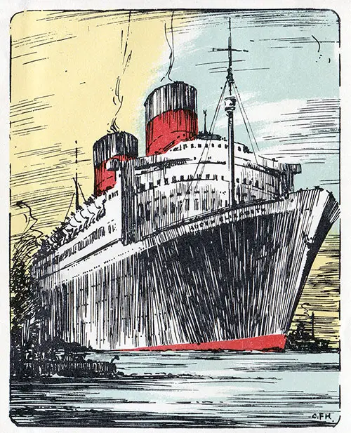 Painting of the QE, Cunard Line RMS Queen Elizabeth First Class Passenger List - 14 October 1949.