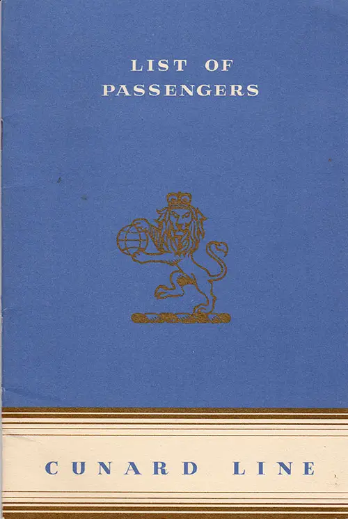 Front Cover of a Cabin Class Passenger List from the RMS Queen Elizabeth of the Cunard Line, Departing 7 May 1952 from New York to Southampton via Cherbourg