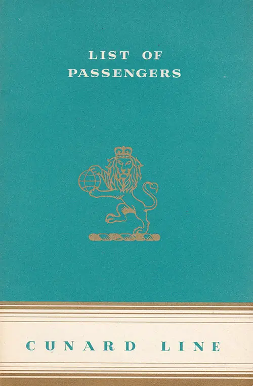 Front Cover of a Tourist Class Passenger List from the RMS Queen Elizabeth of the Cunard Line, Departing 11 June 1953 from Southampton to New York via Cherbourg