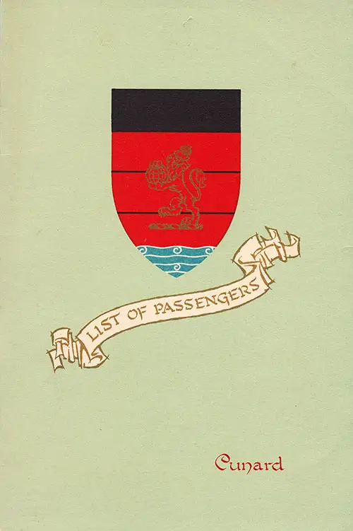 Front Cover of a Cabin Class Passenger List from the RMS Queen Elizabeth of the Cunard Line, Departing 26 August 1954 from Southampton to New York via Cherbour