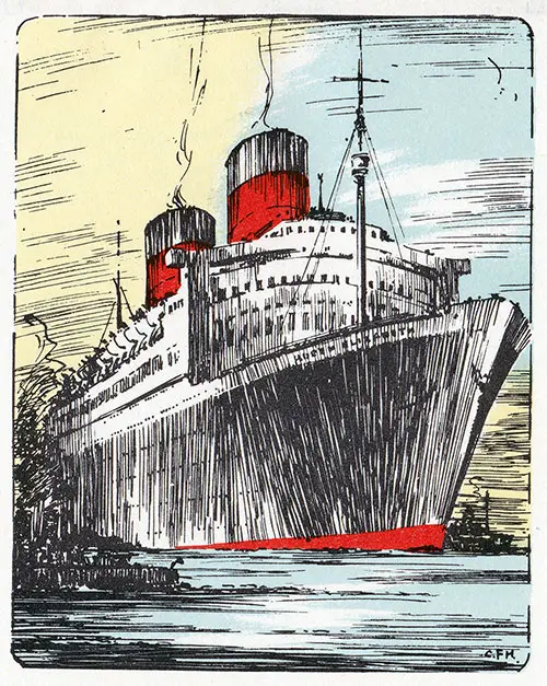 Painting of the RMS QE, Cunard Line RMS Queen Elizabeth Cabin Class Passenger List - 26 August 1954.