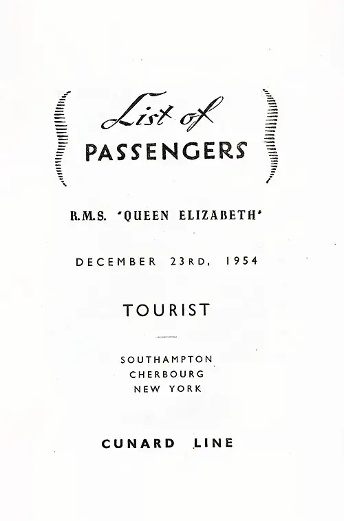 Title Page, RMS Queen Elizabeth Tourist Class Passenger List, 23 December 1954.