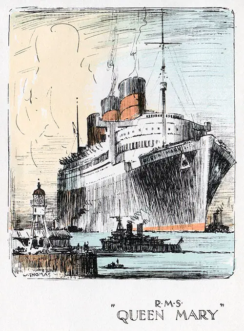 Painting of the RMS Queen Mary, Cunard Line RMS Queen Mary Cabin Class Passenger List - 5 August 1936.