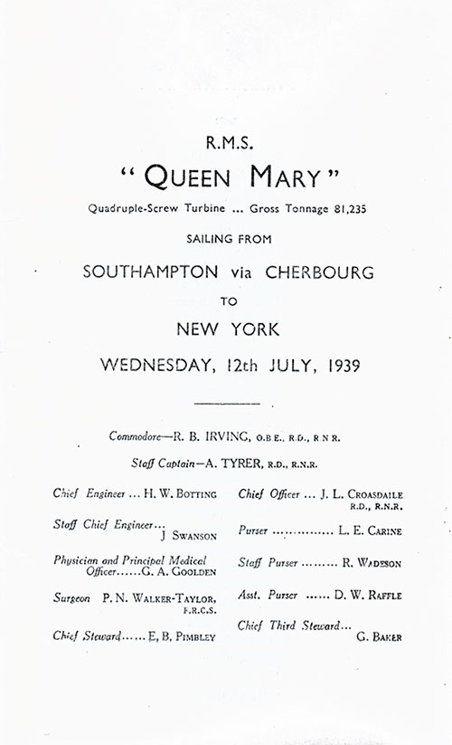 Title Page, RMS Queen Mary Third Class Passenger List, 12 July 1939.