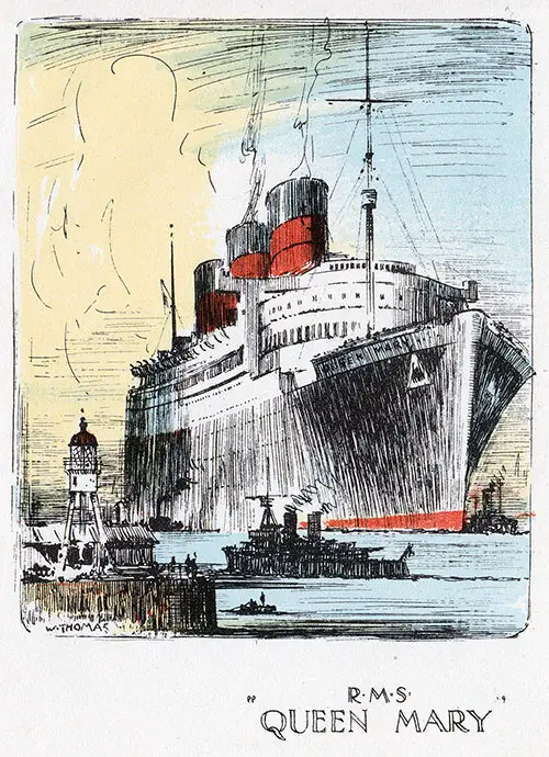 Painting of the RMS Queen Mary by W. Thomas, Cunard Line RMS Queen Mary Cabin Class Passenger List - 2 July 1948