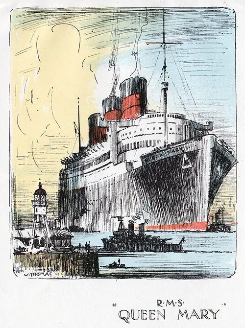 Painting of the RMS Queen Mary by W. Thomas, Cunard Line RMS Queen Mary Cabin Class Passenger List - 7 August 1948.