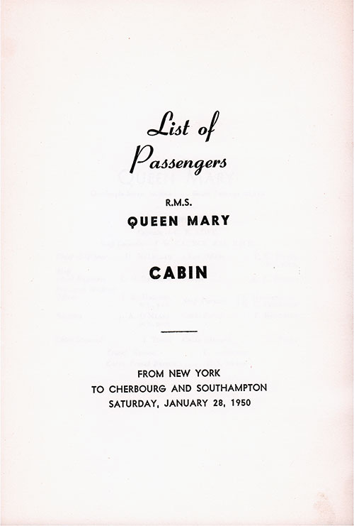 Title Page, RMS Queen Mary Cabin Class Passenger List, 28 January 1950.