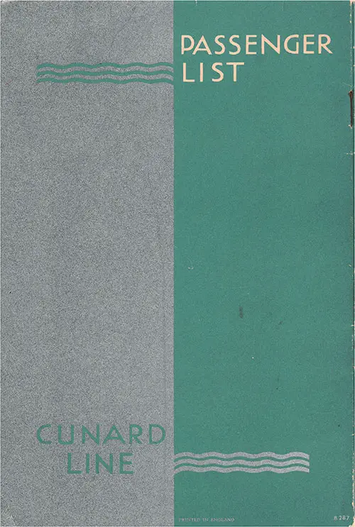 Back Cover, Cunard Line RMS Queen Mary Tourist Passenger List - 7 October 1950.