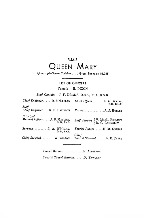 List of Officers, RMS Queen Mary, 14 October 1950.