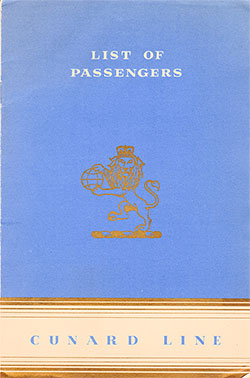 Front Cover of a Cabin Class Passenger List from the RMS Queen Mary of the Cunard Line, Departing 7 August 1952 from Southampton to New York via Cherbourg