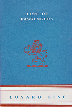 Front Cover of a Tourist Class Passenger List from the RMS Queen Mary of the Cunard Line, Departing 28 March 1953 from New York to Southampton via Cherbourg