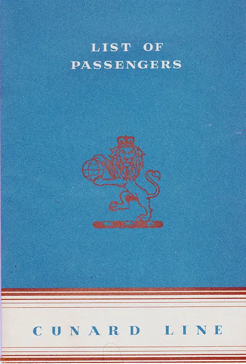 Front Cover of a Tourist Class Passenger List from the RMS Queen Mary of the Cunard Line, Departing 28 March 1953 from New York to Southampton via Cherbourg