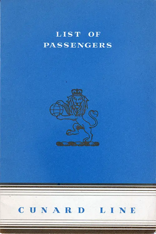 Front Cover of a Cabin Class Passenger List from the RMS Queen Mary of the Cunard Line, Departing 1 July 1953 from Southampton to New York via Cherbourg