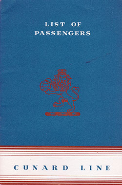 Front Cover of a Tourist Class Passenger List from the RMS Queen Mary of the Cunard Line, Departing 12 August 1953 from New York to Southampton via Cherbourg