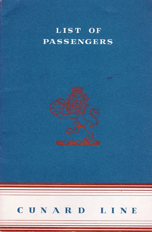 Cover of a Tourist Class Passenger List from the RMS Queen Mary of the Cunard Line, Departing 12 August 1953 from New York to Southampton