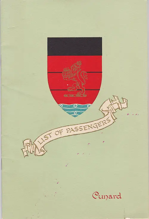 Front Cover of a Cabin Class Passenger List from the RMS Queen Mary of the Cunard Line, Departing 7 July 1954 from New York to Southampton via Cherbourg