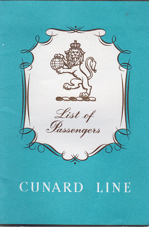 Cover of a Tourist Class Passenger List from the RMS Queen Mary of the Cunard Line, Departing 26 February 1960 from Southampton to New York