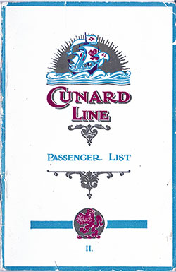 Front Cover, Cunard RMS Samaria Second Class Passenger List - 26 July 1923.