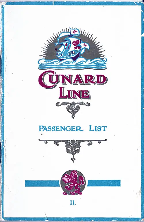 Front Cover, Cunard RMS Samaria Second Class Passenger List - 26 July 1923.