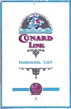 Front Cover, Cunard RMS Samaria Second Class Passenger List - 23 August 1923.