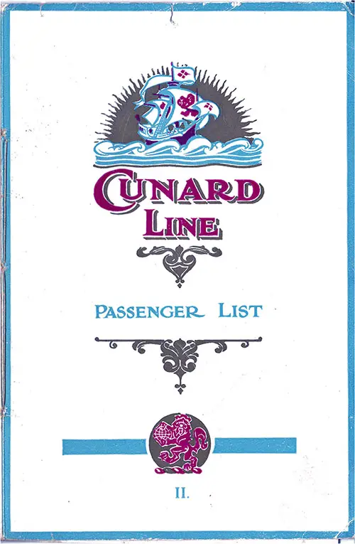 Front Cover, Cunard RMS Samaria Second Class Passenger List - 23 August 1923.