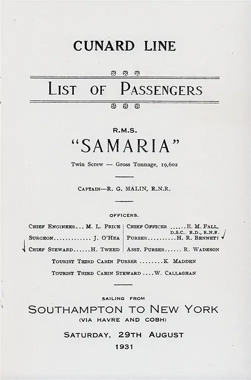 Title Page, RMS Samaria Cabin and Tourist Passenger List, 29 August 1931.