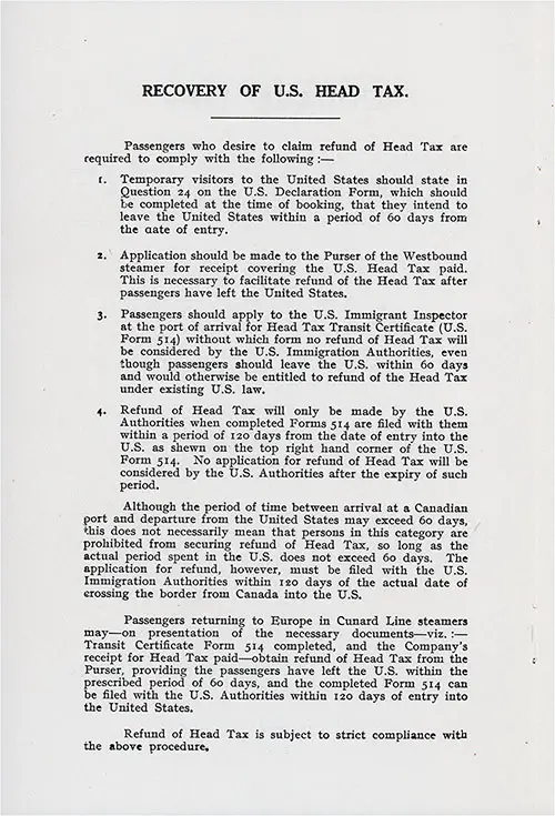 Recovery of US Head Tax. RMS Samaria Passenger List, 29 August 1931.