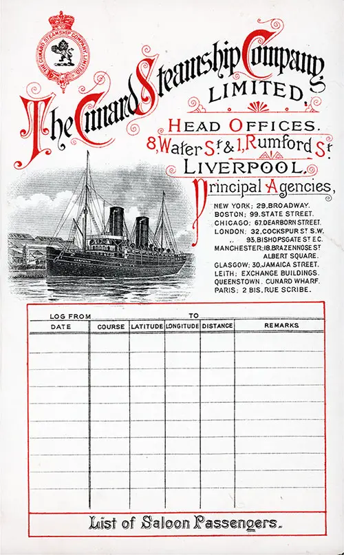 Front Cover of a Saloon Passenger List for the RMS Saxonia of the Cunard Line, Departing Tuesday, 16 September 1902 from Liverpool to Boston.