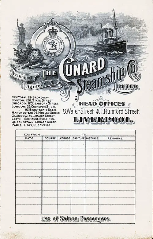 Front Cover of a Saloon Passenger List for the RMS Saxonia of the Cunard Line, Departing Tuesday, 25 October 1904 from Liverpool to Boston.
