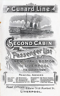 Front Cover, Cunard SS Saxonia Second Cabin Passenger List - 23 May 1905.