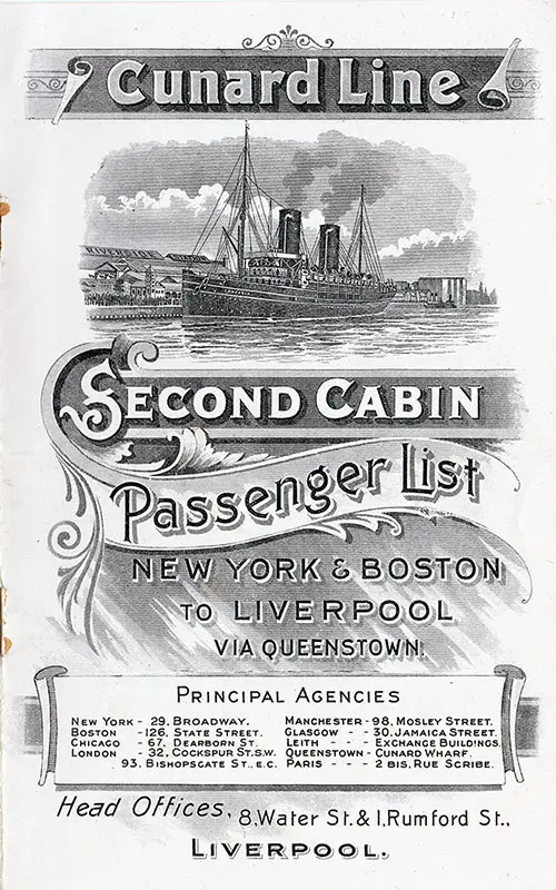 Front Cover, Cunard SS Saxonia Second Cabin Passenger List - 23 May 1905.