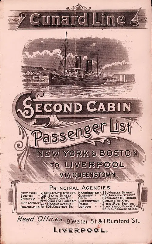 Front Cover of a Second Cabin Passenger List for the SS Saxoniaof the Cunard Line, Departing Tuesday, 21 August 1906 from Boston to Liverpool